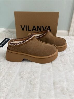 Brand New In Box Platform Fur Lined Slippers Chestnut Brown 7